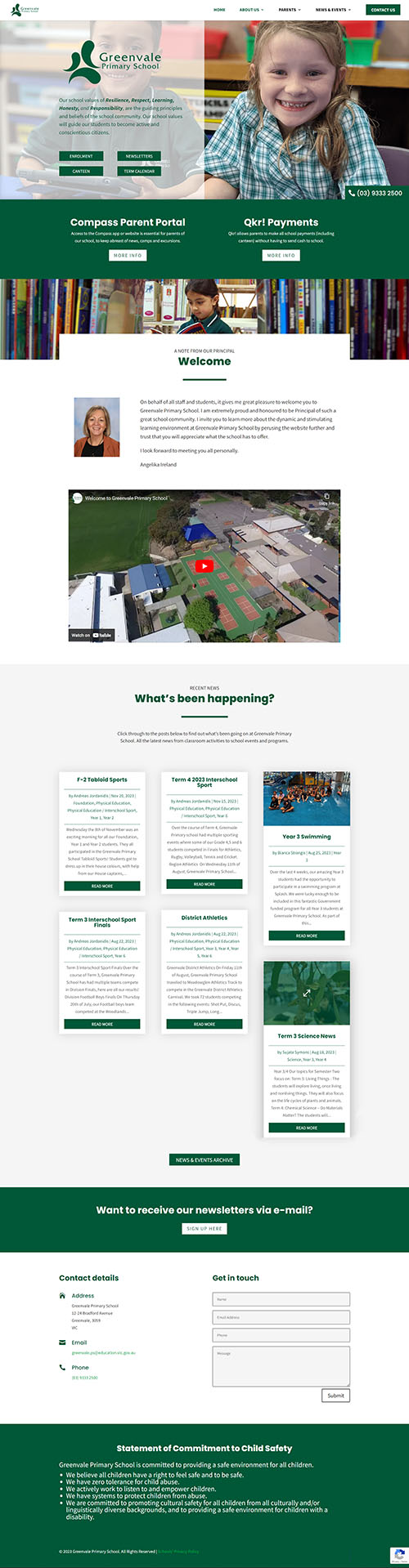 A screenshot of the Greenvale Primary School website, designed to be a hub for the school community - themed in a deep green, it features images of happy students, a welcome video and a lively blog