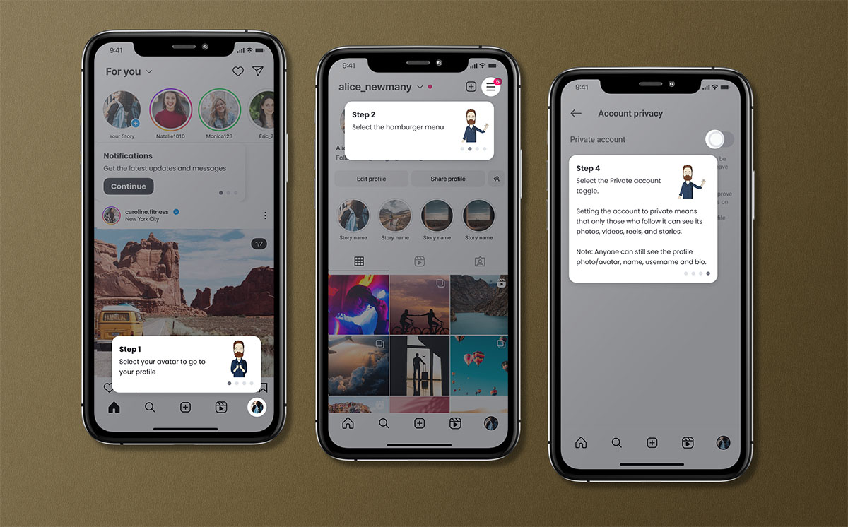 Mockup featuring three smartphones, each showing a step from the Understanding Instagram activity, which is a step-by-step product walkthrough guide that demonstrates and teaches parents about changing Instagram privacy and other settings.